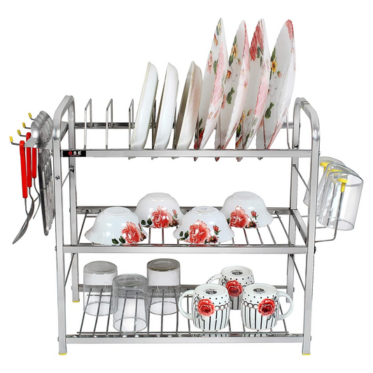 OSE 3-Shelf Kitchen Dish Rack | 18x18 Inch Stainless Steel Dish Dryer | Space-Saving Plate & Utensil Organizer | Modern Design with Glass & Cutlery Holder